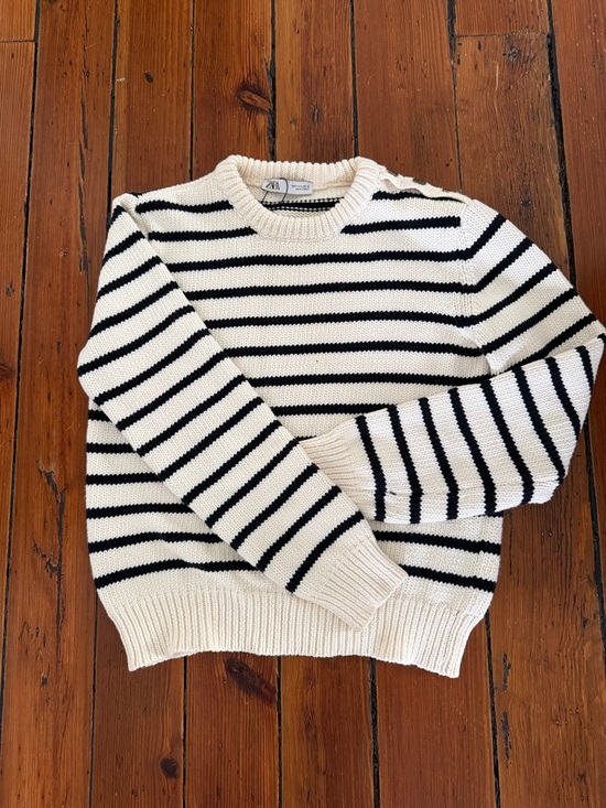 Zara Sweaters - Zara Striped Cream and navy nautical preppy Crewneck Sweater w gold buttons